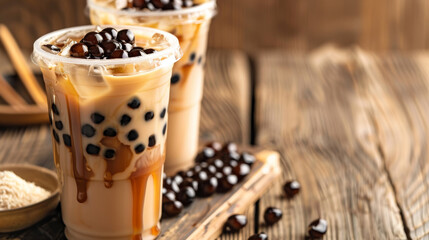 Two cups of bubble tea with brown syrup and black pearls