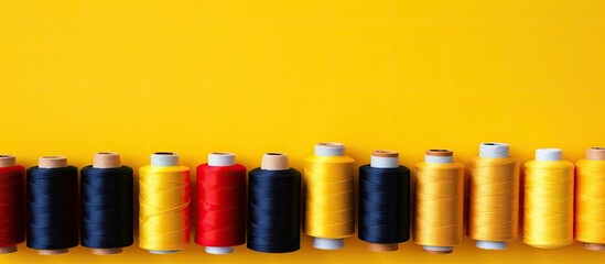 Poster - A vibrant assortment of sewing threads against a yellow backdrop neatly arranged for a copy space image