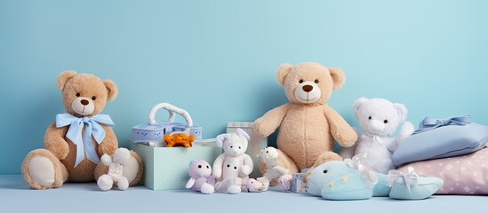 Poster - Copy space image featuring a variety of baby accessories placed on a light blue background providing room for adding text