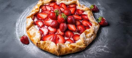 Poster - Copy space image of a homemade galette featuring fresh strawberries and a delicious nut cream displayed on a gray stone or slate backdrop