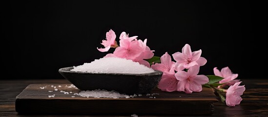 Poster - A copy space image featuring three distinct salt soaps alongside beautiful pink flowers set against a black wood backdrop