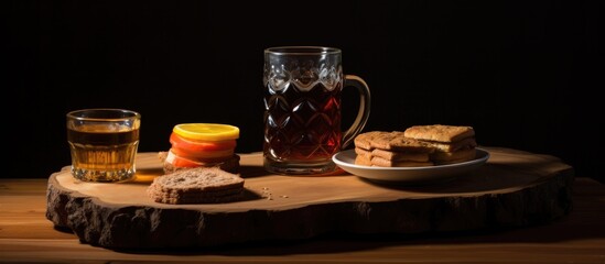Poster - Beverages and food like a cup of tea and a piece of cake displayed on a wooden tray with ample copy space for photography