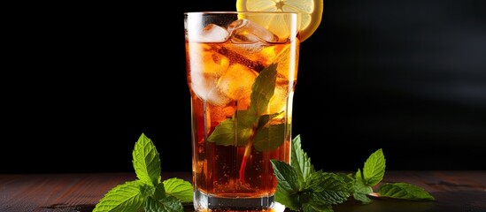Poster - A refreshing summer drink fresh iced tea with lemon slices and mint Perfect for cooling down Copy space image