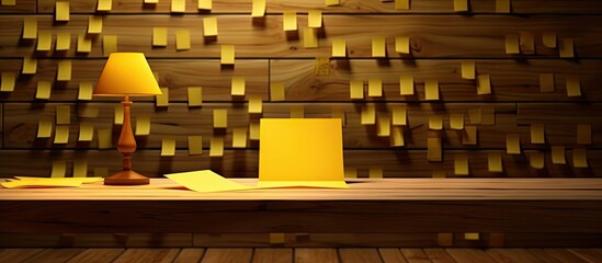 Poster - A wooden table displaying note papers cards and a yellow pen with empty space for an image. Creative banner. Copyspace image