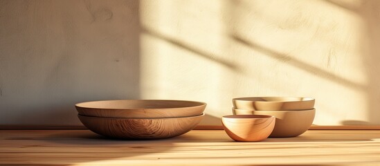 Poster - In the kitchen there is a table with a stack of wooden bowls placed on top providing a picturesque copy space image
