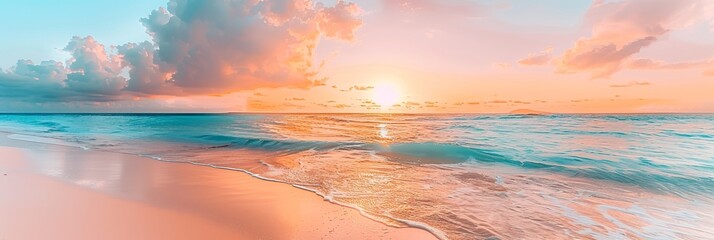 Wall Mural - Closeup sea sand beach panoramic landscape inspire tropical seascape horizon orange and golden sunset sky calm tranquil relaxing sunlight summer mood vacation travel holiday banner