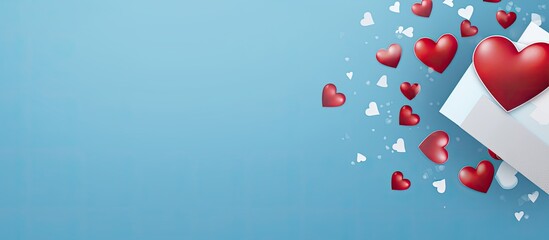 Leinwandbilder - Blue background with a red envelope adorned with white hearts and a gift card There is plenty of space for a logo and text in the image. Creative banner. Copyspace image