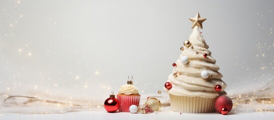 Poster - A cupcake and decorative elements shaped like a Christmas tree are presented on a light gray background with ample room for text