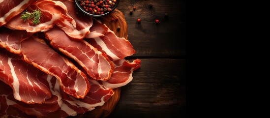 Aufkleber - A mouthwatering top down view of delicious natural cured smoked meat and bacon slices perfect for a food appetizer Copy space image