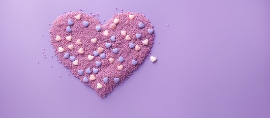 Poster - A confectionery decor featuring a heart shaped frame of sprinkles on a lilac background with a flat lay and ample space for text