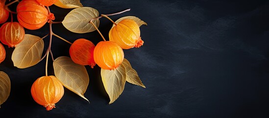 Poster - Top view of winter cherry physalis on a dark background providing free copy space for text