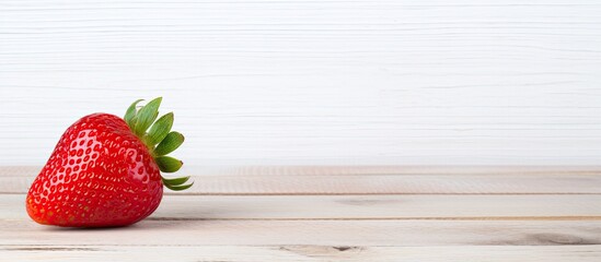 Poster - A close up copy space image of a strawberry placed on a white wooden background