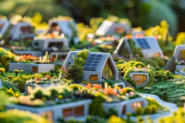 Wall Mural - Model house showcasing futuristic ecovillage design with detailed solar panels on the roof