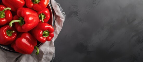 Aufkleber - A plastic plate holds vibrant red peppers covered with wrap against a gray background There is ample copy space in the top view image