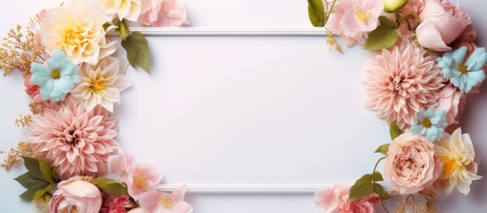 Leinwandbilder - A top down view of an empty picture frame adorned with pastel colored artificial flowers providing copy space for a greeting card