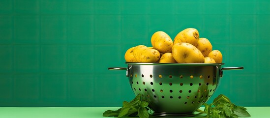 Poster - Copy space image of a colander with a raw potato on a bright background