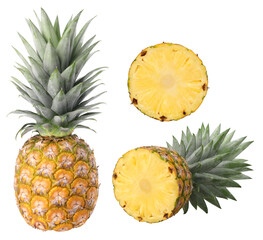 Poster - Pineapple with leaves, slices and a half pineapple fruit isolated, transparent png, PNG format, cut out