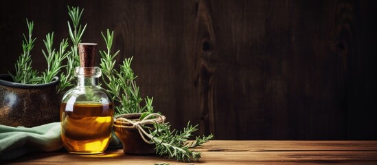 Aufkleber - A spa composition featuring the aromatic essence of tea tree oil set against a rustic wooden backdrop The image provides ample copy space