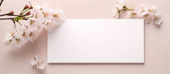 Poster - A top view copy space image of a blank card and a cherry blossom placed on a beige background for a mockup