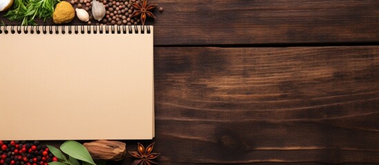 Poster - A view from the top showcasing herbs and spices placed over a wooden background accompanied by a notepad for additional text or images