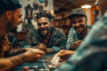 Wall Mural - Men friends having fun on poker night they organized at home playing card game