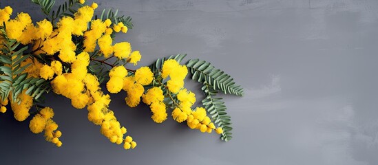 Poster - A stunning yellow mimosa stands out against a serene gray background leaving ample empty space for additional images or text