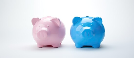 Poster - The studio features an isolated white background with a copy space image of two plastic pig coin banks one blue and one pink
