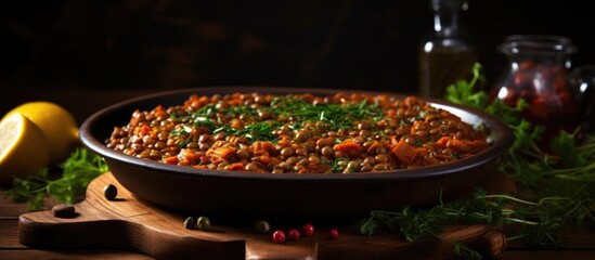 Poster - An appetizing lentil dish elegantly arranged on a wooden table ready for a copy space image