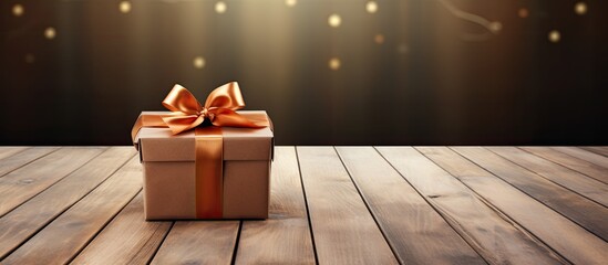 Poster - A copy space image featuring a gift box with a bow placed on top of wooden background planks