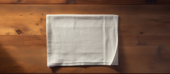 Aufkleber - A kitchen towel is placed on a wooden cooking table seen from a top down perspective with room for additional images