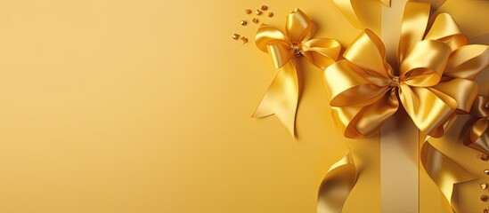 Poster - A yellow background featuring scattered gold colored ribbon bows creating a banner like effect Copy space image 86 characters