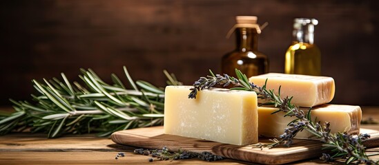 Poster - Artisanal natural hygiene products containing rosemary extract showcasing the essence of handmade soaps Copy space image