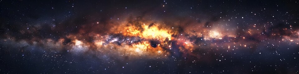 Panoramic astrophotography of visible Milky Way galaxy. Stars, nebula and stardust at night sky