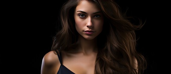 Poster - Brunette fashion model posing on black background with copy space image