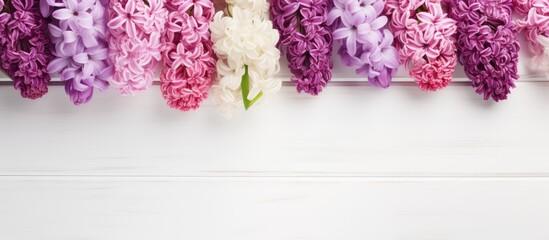Poster - Hyacinth flowers on a white wooden background enhance the aesthetic appeal of beauty products in this copy space image