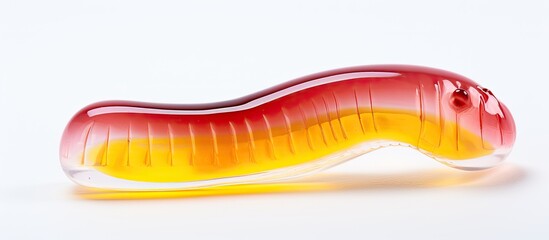 Aufkleber - A single worm shaped jelly sour and colored in red and yellow stands alone on a white backdrop creating a copy space image