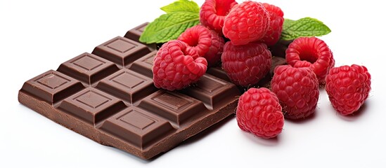 Leinwandbilder - Copy space image of dark chocolate with raspberries on a white backdrop