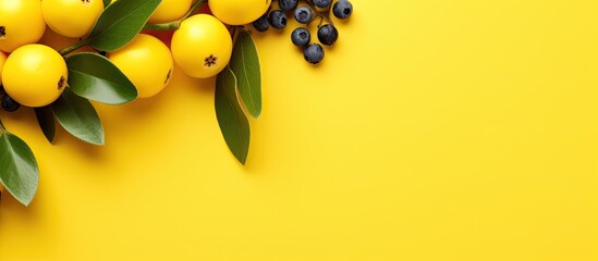 Poster - Flat lay of ripe blueberries on a vibrant yellow backdrop with copy space image