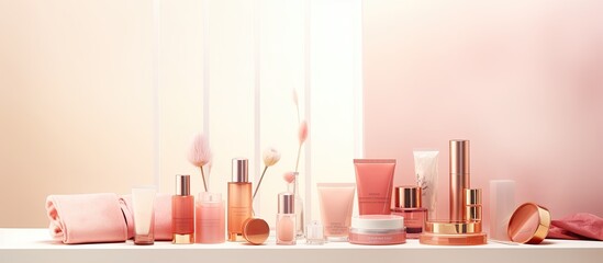 Poster - Copy space image displaying various cosmetic products and accessories for women providing ample room for adding text