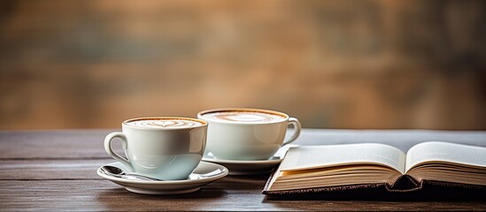 Poster - Coffee cups with a book on the table in the room a perfect image with ample copy space