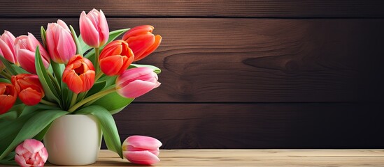 Poster - Closeup view of tulip flowers in a vase on a wooden table with copy space for an image
