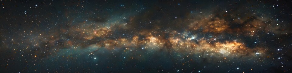 Panoramic astrophotography of visible Milky Way galaxy. Stars, nebula and stardust at night sky