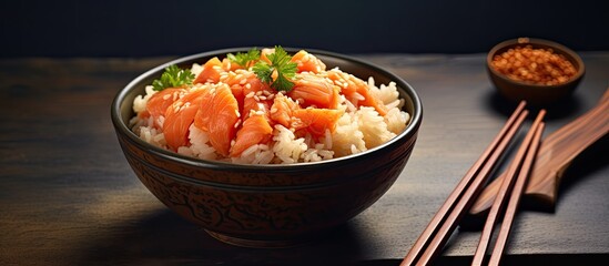 Aufkleber - A nutritious bowl of homemade rice topped with fresh salmon creating a copy space image