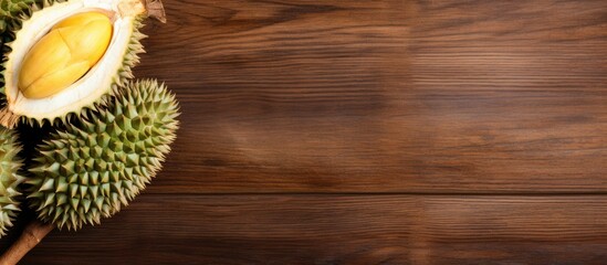 Wall Mural - Copy space image of a ripe durian fruit with thorns on a wooden board background perfect for adding text