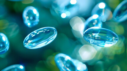 Wall Mural - Abstract floating water droplets on a blurred green background, light reflections, serene and pure atmosphere. Ideal for design and concept visualization. AI