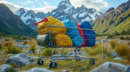 Canvas Print - Panoramic view of a shopping cart packed with outdoor gear and camping equipment, from tents to sleeping bags, highlighting the