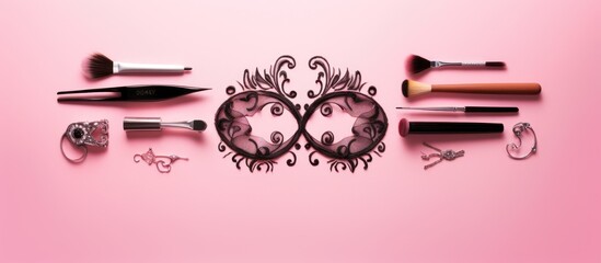 Poster - Copy space image of eyebrow henna and tools arranged on a pink background creating a flat lay composition Ideal for adding text