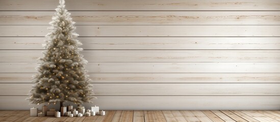 Poster - A Christmas tree made of fir placed on a background of white wood with room for additional images or text