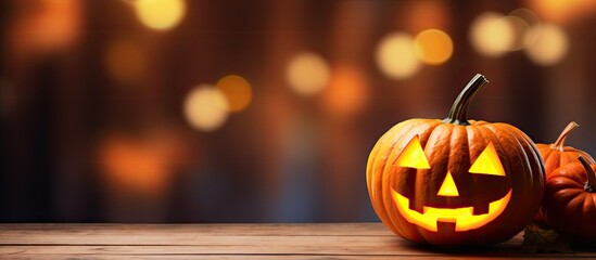 Poster - Blur background adds depth to Halloween pumpkin on wooden planks creating an interesting copy space image