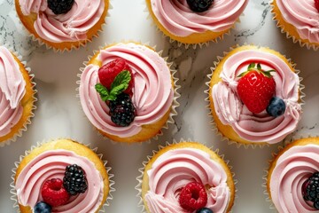 Wall Mural - A row of vibrant cupcakes topped with fresh berries and colorful icing on a white marble countertop in a pastry